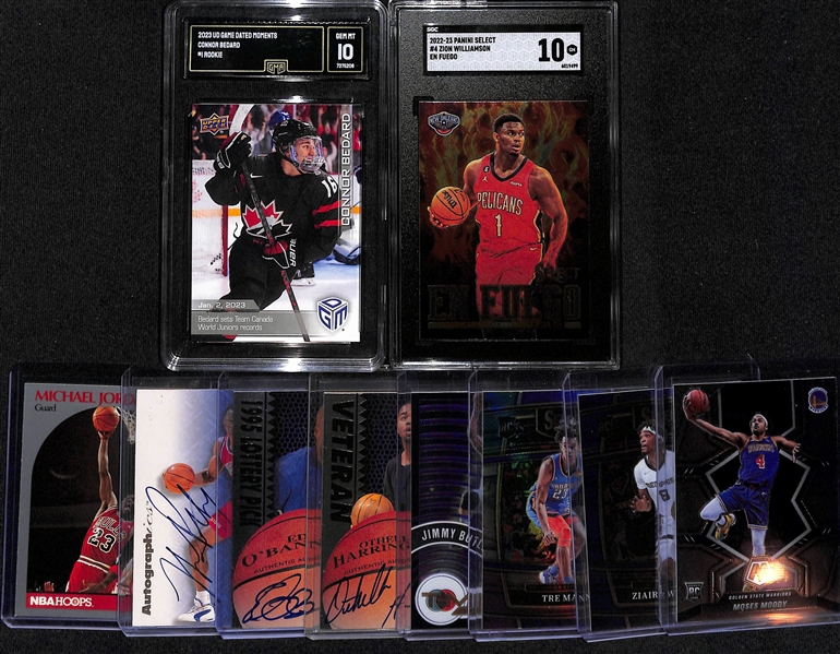 (10) Sports Cards inc. Mostly Basketball Cards - 2023 Upper Deck Game Dated Moments Connor Bedard Rookie (GMA 10), 2022-23 Select Zion Williamson En Fuego (SGC 10), +
